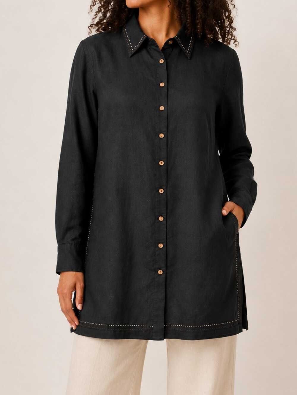 CHANON 100% Linen Black Tunic Shirt T3 Longline Contrast Stitch Button Front
